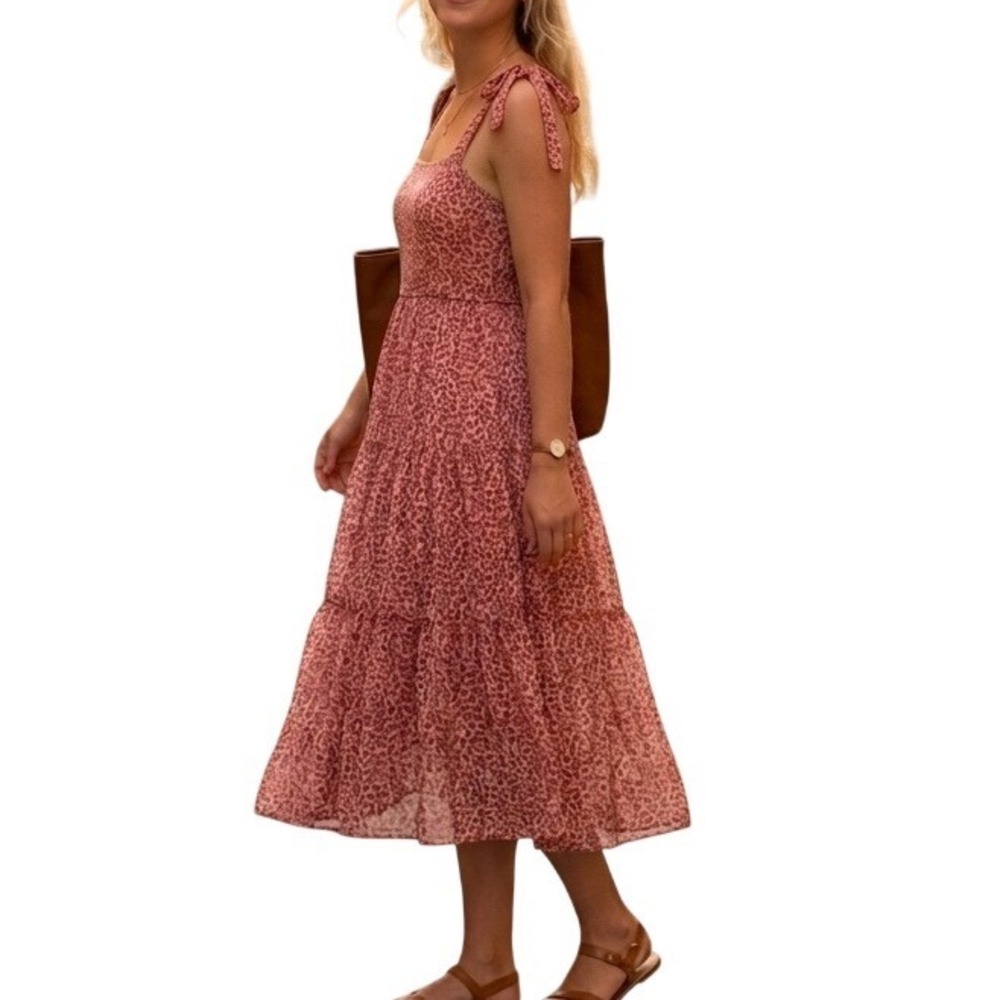 Trixxi Womens Floral Tie Shoulder Tiered Midi Dress Pink Burgundy Smocked Back S